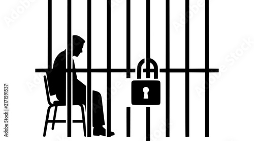 Silhouette of person sitting alone behind prison bars with padlock