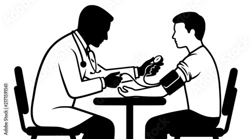 Doctor taking blood pressure of patient in clinic