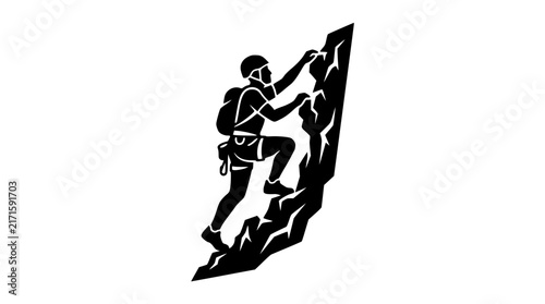 Climber ascending rocky cliff with rope and harness silhouette