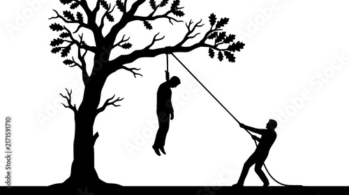 Silhouette of hanging man being pulled by another person under a tree