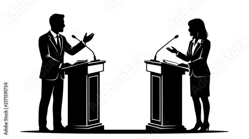 Black and white silhouette of two people debating at podiums