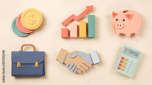 Fintech and business financial icon set crafted from paper representing savings growth investment briefcase handshake and calculator