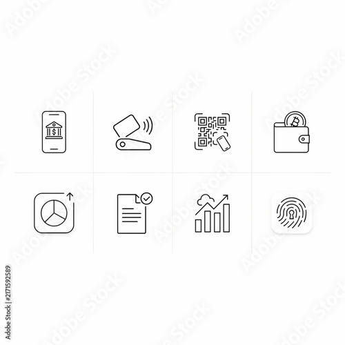 Set of financial technology and banking line vector icons representing digital payment and secure mobile transactions