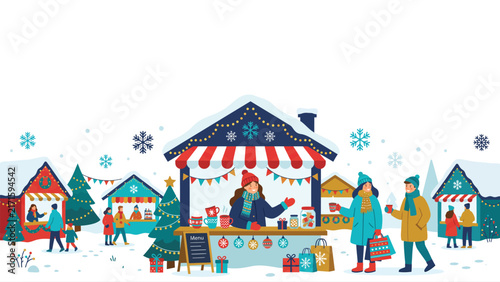 Colorful winter holiday market scene with festive stalls and shoppers.