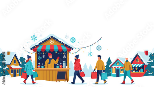 People shopping at a festive outdoor winter holiday market with colorful stalls.