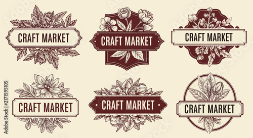 Craft Market Logos - Vintage Floral Badges with Isolated Elements