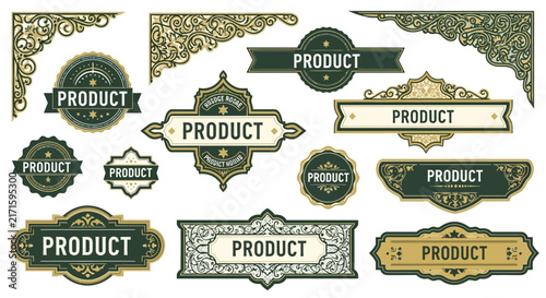Ornate Product Labels & Corner Ornaments, Vintage Design Elements