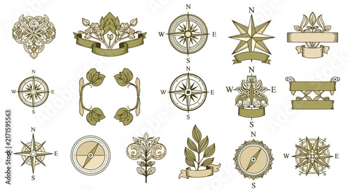 Vintage Compass Ornaments and Banners Collection, Isolated Elements