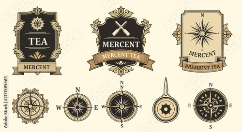 Vintage Compass and Tea Badges: Nautical, Travel, and Retro Design Elements