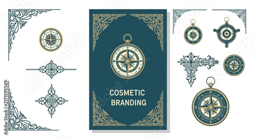 Vintage Compass Set with Ornate Borders and Cosmetic Branding Design