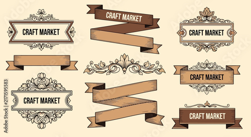 Vintage Craft Market Banners and Ornate Frames, Isolated Design Elements