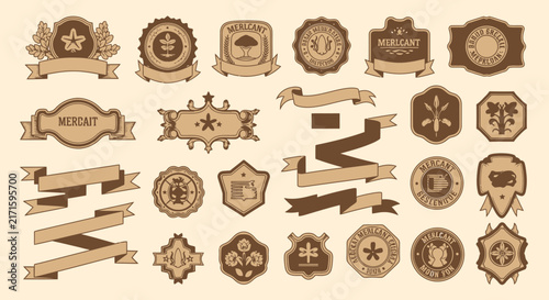Vintage Emblems, Badges and Ribbons Collection, Isolated on Transparent Background