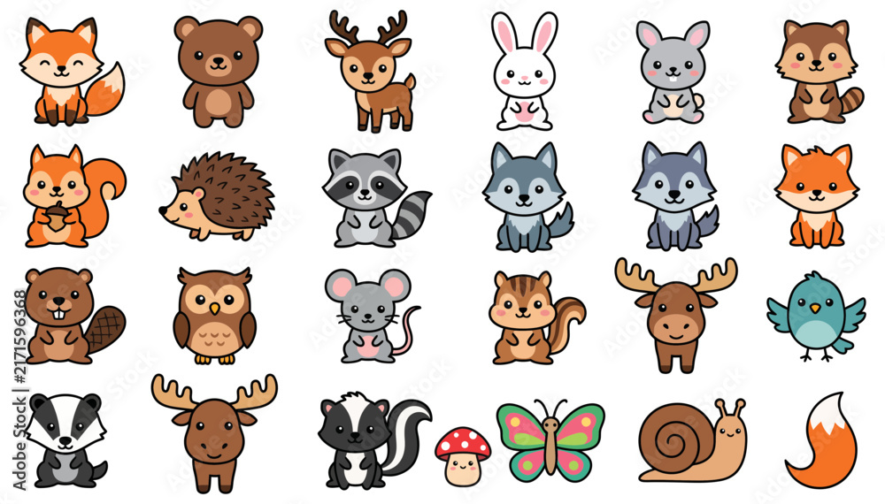 Fototapeta premium Set of cute woodland animals and forest creatures in a flat cartoon style for children design