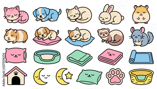 Set of cute sleeping pets and pet accessories in a colorful hand drawn doodle style illustration