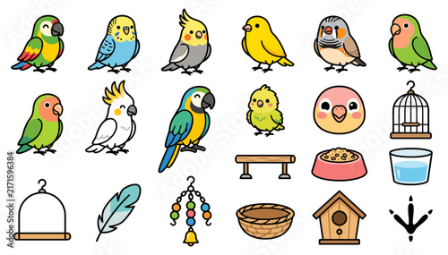 Set of cute cartoon pet birds with accessories including cages perches food and toys for bird lovers