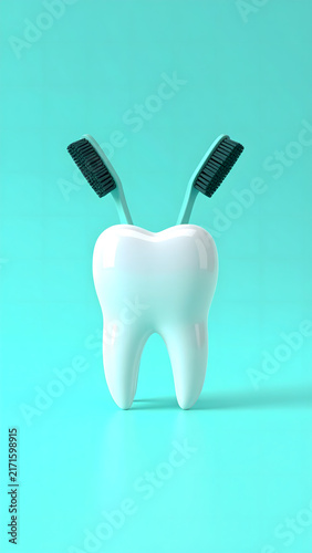 White Tooth Model with Black Toothbrushes on Teal Background