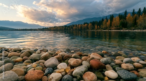 Scenic lakeside view with rocky shoreline and sunset sky