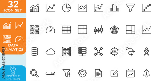Data analysis line editable Vector illustration icon set. Data analytics icons for web and mobile app. Graphs, traffic analysis, data processing, research network collection, statistics, analytics.