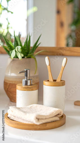 White Ceramic Soap Pump on Wooden Tray Close Up