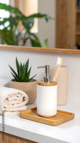 Modern Bathroom Counter with Soap Dispenser and Plant