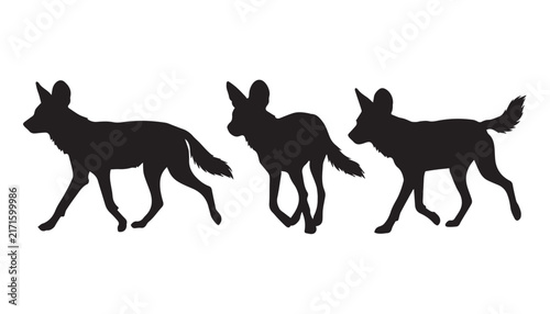 Foto black color silhouette set of three African wild dog vector illustration, solid