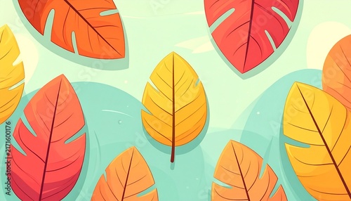 Vibrant Autumn Leaves in a Kaleidoscope of Colors with a Soft Teal Background