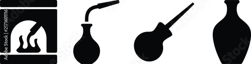 Foto Glassblowing and glassmaking tools icon set with black silhouettes of a furnace,