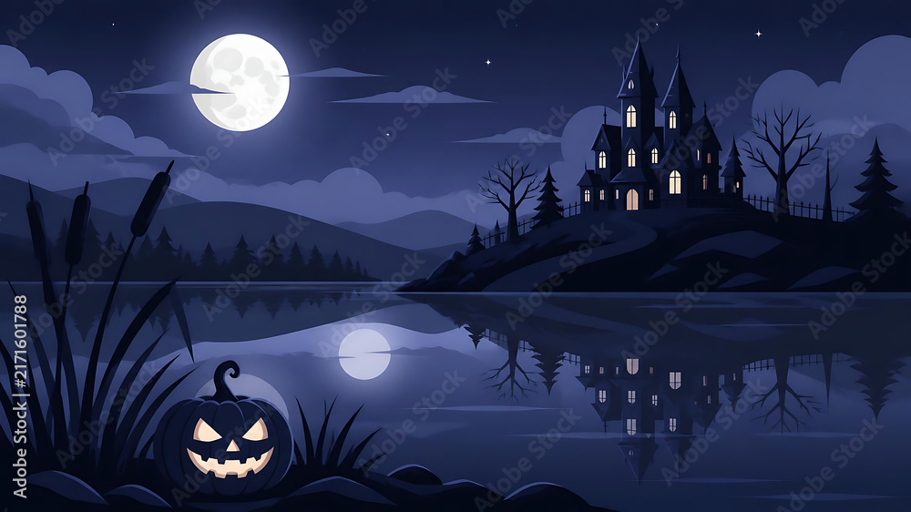 Fototapeta premium Spooky Halloween landscape with haunted mansion, full moon and glowing jack-o-lantern