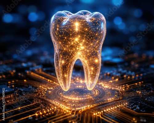 Glowing digital tooth icon integrated with circuit board patterns representing high tech dental science.