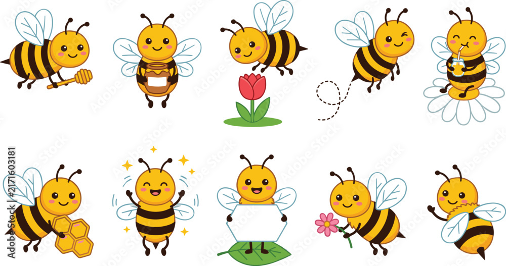 Obraz premium Cute Honey Bee Cartoon Character Vector Icon Set with Mascot Flying Holding Honeycomb Dipper Jar and Flower for Children Graphic Designs