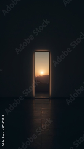 Generative AI depicts a minimalist doorway opening to a sunset view with striking contrast