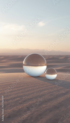 Generative AI depicts a minimalistic scene with glass spheres on a smooth surface