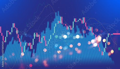 Abstract financial trading background with glowing candlestick charts and bokeh light effects, representing modern digital stock market analysis, economic fluctuations, and investment technology.
