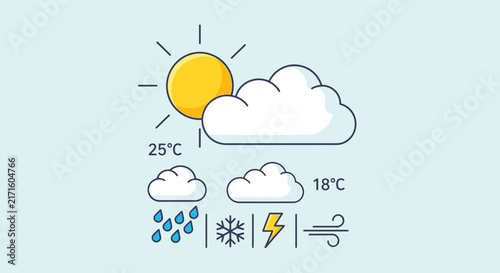 Weather forecast icons: sun, clouds, rain, snow, storm, wind, temperature