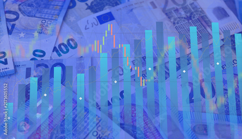 Financial trading charts and graphs overlaid on a background of euro banknotes, illustrating currency market fluctuations, economic wealth, banking investment, and European monetary policy analysis.