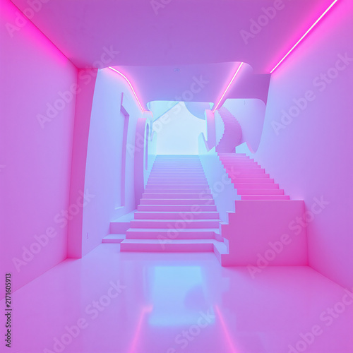 surreal abstract room infinite geometric stairs pastel neon lighting pink blue dreamcore aesthetic liminal space