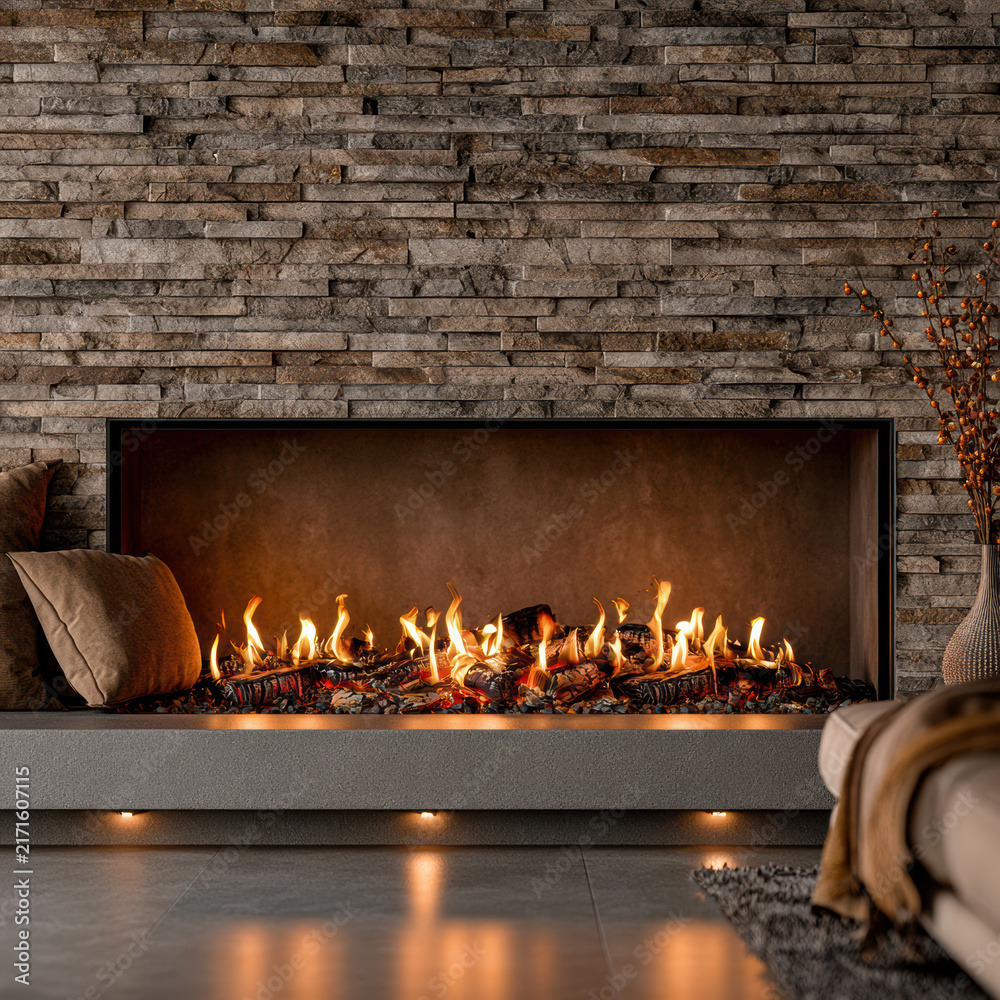 Naklejka premium Modern fireplace stone wall cozy pillows warm fire contemporary living room soft lighting autumn decor inviting atmosphere