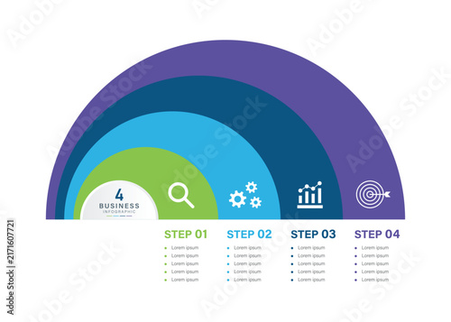 Business Infographic Four Steps Semi Circular Arcs Structured Workflow Template