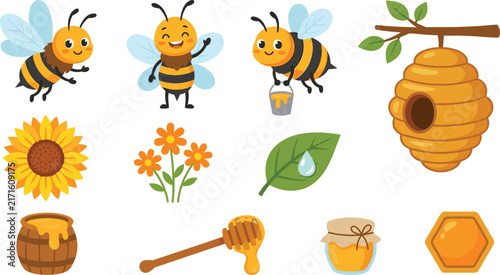 Cute cartoon honey bee character vector set with beehive sunflower and sweet honey elements