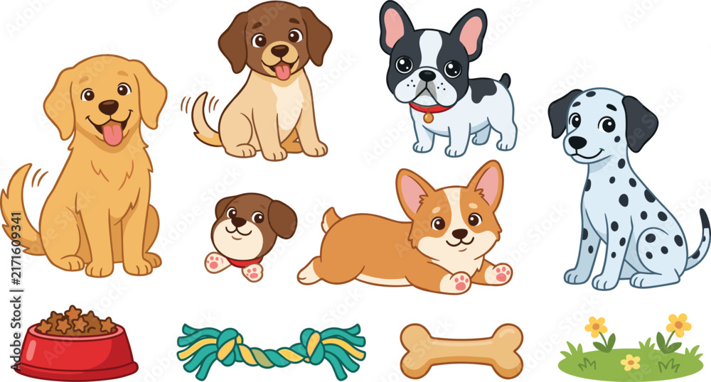 Obraz premium Cute cartoon puppies vector character set with dog breeds food bowl and toy accessories