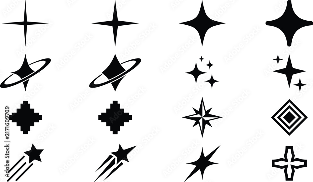 Fototapeta premium Black sparkle star vector icon set with y2k retro futuristic elements on white background