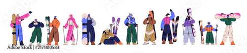 People with snowboards and skis set. Men, women and kid with skiing, snowboar...