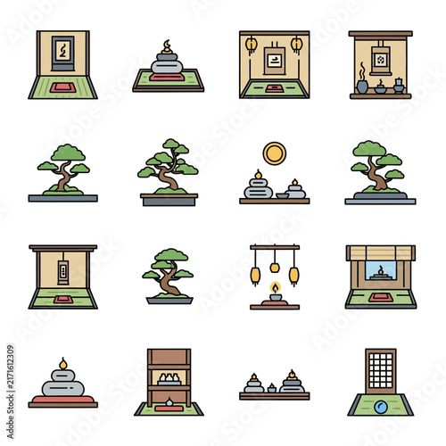 Colored zen garden interior icons.