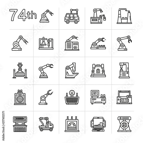 Robotic arm and industrial automation thin line icons.