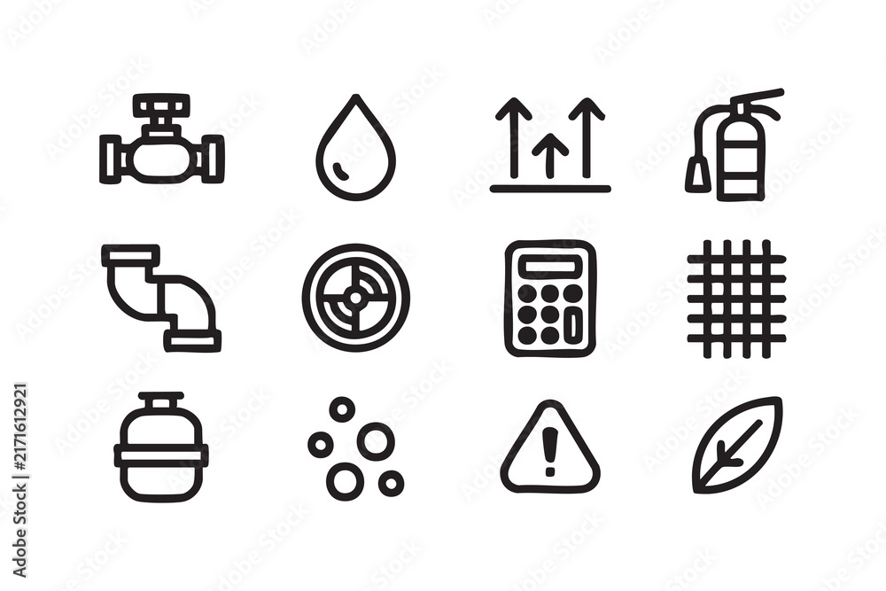 Fototapeta premium Water Plumbing and Safety Line Icons for Construction, Facility Management, Maintenance and Engineering