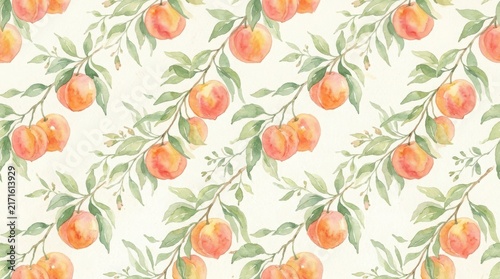 Seamless pattern with watercolor peaches and green leaves on branches