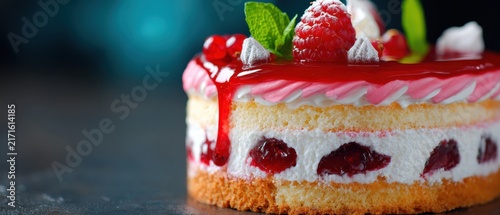 Exquisite Strawberry Cream Cake: A close-up of a luscious strawberry cream cake, adorned with fresh raspberries, whipped cream, and mint leaves, showcasing its delectable layers and vibrant red glaze.