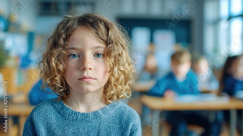 Student in Classroom: A young student with curly blond hair and blue eyes gazes forward with a serious expression in a classroom setting, surrounded by other students at their desks.