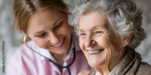 A Nurse's Gentle Care: A compassionate nurse tenderly checks on a smiling elderly woman, their warm interaction highlighting the comfort and trust in healthcare.