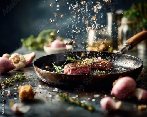 Seasoning Steak in a Pan: A delicious steak is being seasoned as it sizzles in a hot pan, with aromatics like garlic, shallots, and herbs scattered around.